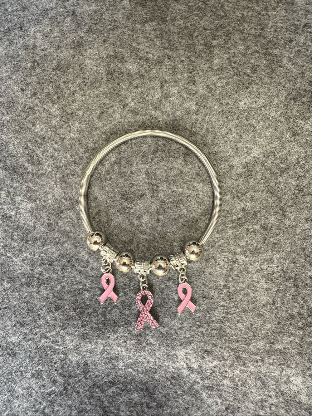 Silver Tone Bracelet with Pink Ribbon Breast Cancer Awareness Charms